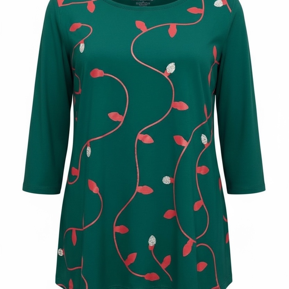 Woman Within 1X‎ Christmas Lights 3/4 Sleeve Green Red Sequin Holiday Top Tee